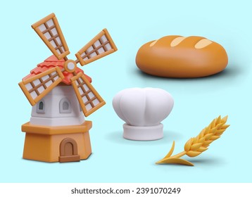 Big vintage windmill, beautiful tasty baked bread, wheat, and chef hat in realistic 3d style. Traditional Dutch farm building. Vector illustration with blue background