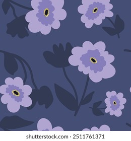 Big violet flowers on blue background. Seamless floral illustration for wrapping paper, wallpaper, fabric, clothes