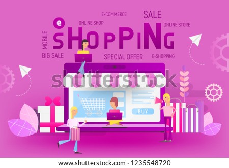 Big Violet Laptop and Young People who Do Online Mobile Shopping on Trend Colors Banner. Vector Illustration for E-commerce Apps and Web.