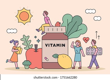 Big Vitamin Barrels And Fresh Vegetables. Small People Stand Around Vitamins. Flat Design Style Minimal Vector Illustration.