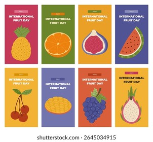 Big vivid set of trendy vertical stories for International Fruit Day with colorful cartoon clipart with grape, orange, pineapple, mango, fig. Greeting concept banner with sweet food for social media