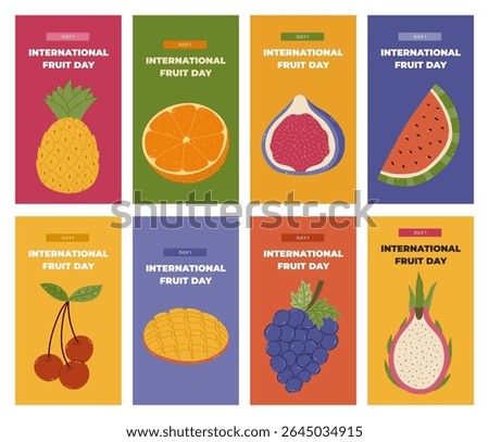 Big vivid set of trendy vertical stories for International Fruit Day with colorful cartoon clipart with grape, orange, pineapple, mango, fig. Greeting concept banner with sweet food for social media