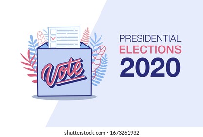 Big Voting box with leaves. Presidential elections 2020 banner. Flat vector illustration. Perfect for landing page template, flyer, poster.