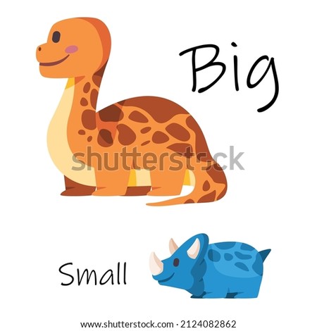 Big vs small comparison between large dinosaur brontosaurus and small triceratops colorful graphic kiddy illustration