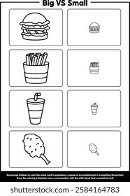 "Big vs Small Fast Food: Burger, Fries, Cola, Chicken – Educational Kids’ Activity Sheet"