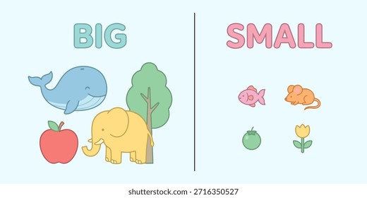 Ilustración de comparación de tamaño grande vs Pequeño con animales lindos y Objetos para niños Aprendiendo