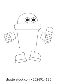 Big wafer ice cream with eyes, hands and feet eats small cone ice cream. Black and white colors, outline. Isolated on white background (backdrop). Vector illustration.
