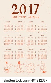 Big wall monthly calendar for New Year 2017. Decorative vintage hand drawn funny snowmen. Sunday start