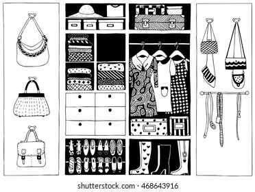 Big wardrobe with clothes.Set of basic accessories: handbags, purses, belts.Shoes: high heels, boots for woman.Dresses. Abstract design elements. Hand drawn vector black and white illustration.