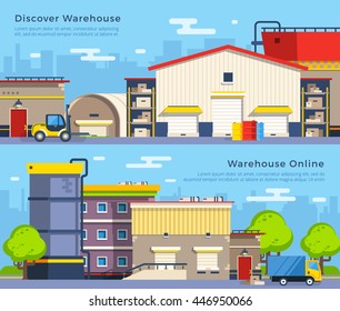 Big warehouse building of different shape with transport for goods delivery on cityscape background flat banners isolated vector illustration