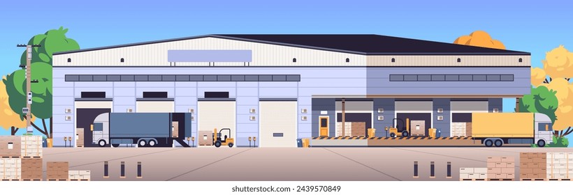 Gran hangar de almacén con puertas enrollables y plataforma. Ilustración de vector plano de transporte de carga