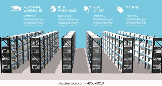 Big warehouse with info graphics