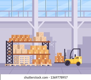 Big Warehouse Stock Room With Lot Of Boxes. Delivery Logistic Shipment Concept. Vector Flat Cartoon Graphic Design Illustration