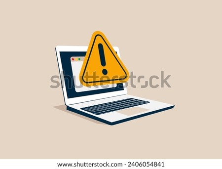 Big warning sign on screen laptop. Operating system error. Setting up personal computer. Flat vector illustration