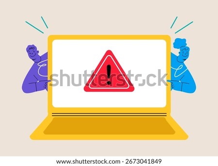 Big warning sign on screen. Operating system error. Alert notification concept. Colorful vector illustration
