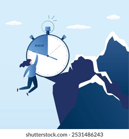 Big watch with deadline time on the cliff . Businesswoman try hard to hold on arrow. Female character with big problems. Deadline and time management concept. Trendy style vector illustration 