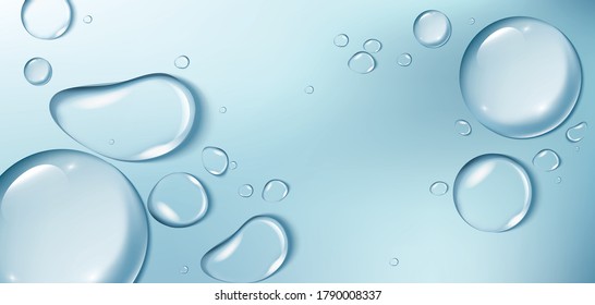 Big water drops on blue background. Place for product placement. Aqua background. Vector