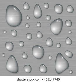 Big Water drops on a brushed metal background. Rain condensation on a bright steel, iron, aluminum surface template. Liquid droplets. Light clean dew, rainy day, abstract techno vector illustration.