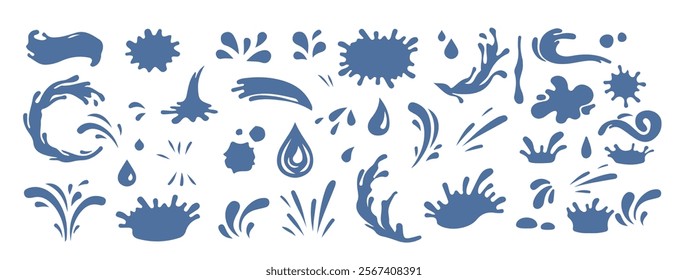 Big Water Splash silhouette with droplets.Water or oil drops. Vector icon set of сurrent drops, waves, tears, spray, nature splashes isolated on white background