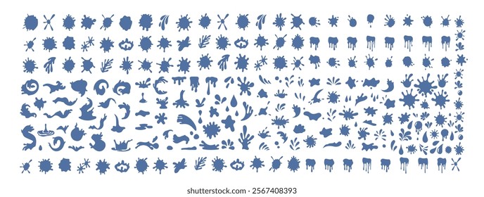 Big Water Splash silhouette with droplets.Water or oil drops. Vector icon set of сurrent drops, waves, tears, spray, nature splashes isolated on white background