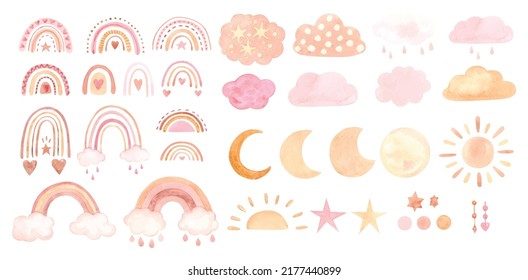 Big watercolor boho set with moon, rainbows and clouds. Vector illustration