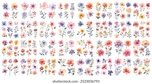 Uma grande coleção de pacotes florais aquarela. Uso por tecido, moda, convite de casamento, modelo, cartaz, romance, saudação, primavera, buquê, padrão, decoração e têxtil.	