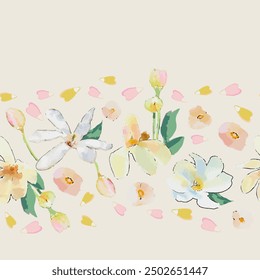 Big Watercolor Magnolia Flowers and buds seamless border. Plant background for fashion, wallpapers, print. Trendy floral design	