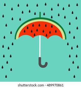 Big watermelon slice cut with seed. Umbrella and rain. Flat design icon Summer autumn fall time. Isolated. Blue sky background. Vector illustration