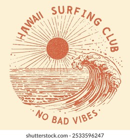 Big wave artwork. Sunshine Surf club artwork. Enjoy beach life. California typography for t-shirt print, and vector illustration. Summer vibes artwork. Surf club design. HAWAII SURFING CLUB