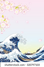 big wave and cherry blossoms