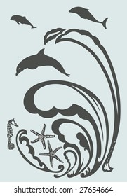 Big wave with dolphin jumping up, seahorse and starfish appear.