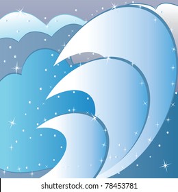 The big wave goes on coast. Vector illustration.