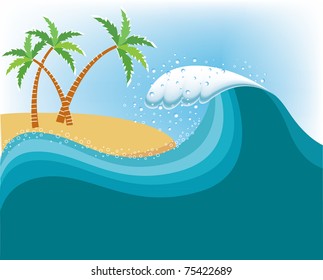 Big wave near tropical island.Vector water background