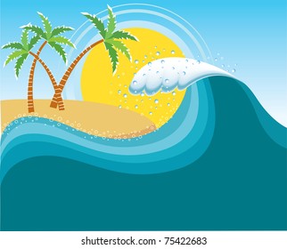 Big wave near tropical sun island.Vector water background