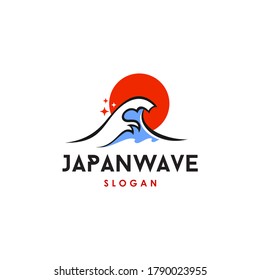 big wave ocean and red sun japan style vector logo icon illustration line, red and blue color