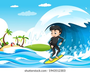 Gran ola en la escena del océano con un niño parado en una ilustración de una tabla de surf