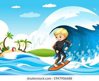 Big wave in the ocean scene with boy standing on a surf board illustration