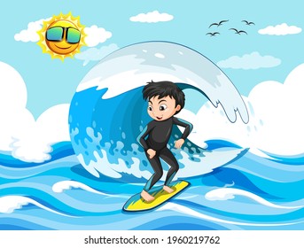 Big wave in the ocean scene with boy standing on a surf board illustration