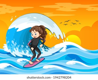 Big wave in the ocean scene with girl standing on a surf board illustration