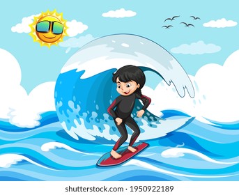 Big wave in the ocean scene with girl standing on a surf board illustration