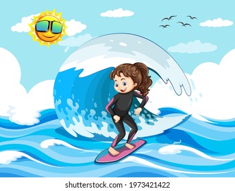 Big wave in the ocean scene with girl standing on a surf board illustration