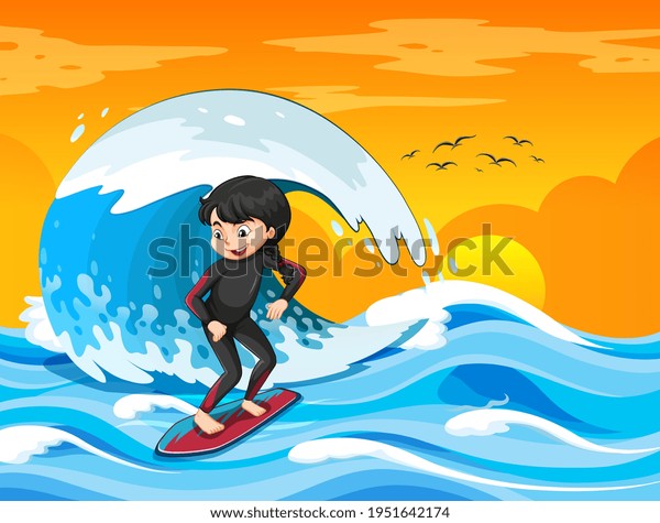 Big Wave Ocean Scene Girl Standing Stock Vector (Royalty Free ...