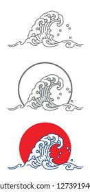 Big wave ocean vector icon. Thai. Japan. Outline & fill color with red and blue.