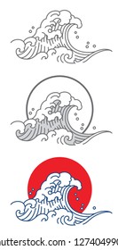 Big Wave Ocean Vector Icon. Thai. Japan. Outline And Fill Color With Red And Blue.