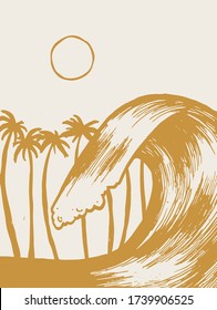 Big wave on the palm-tree beach. Vintage tropical island vacation with big surfing wave. Sunny coast vector illustration.