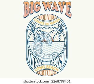 Big wave with palm tree vector design. Beach vibes print artwork for t-shirt, poster, sticker and others.
