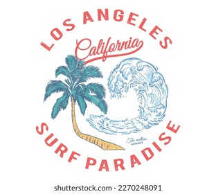 Big wave with palm tree vector t shirt design . Summer print for apparel. beach artwork graphic.	