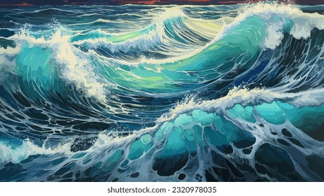 Big wave in a raging sea. A strong storm in the ocean. Big waves. Blue tones. The power of raging nature. Seascape, artwork. Vector illustration design