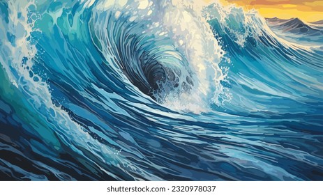 Big wave in a raging sea. A strong storm in the ocean. Big waves. Blue tones. The power of raging nature. Seascape, artwork. Vector illustration design