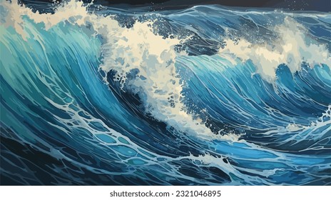 Big wave in a raging sea. A strong storm in the ocean. Big waves. Blue tones. The power of raging nature. Seascape, artwork. Vector illustration design